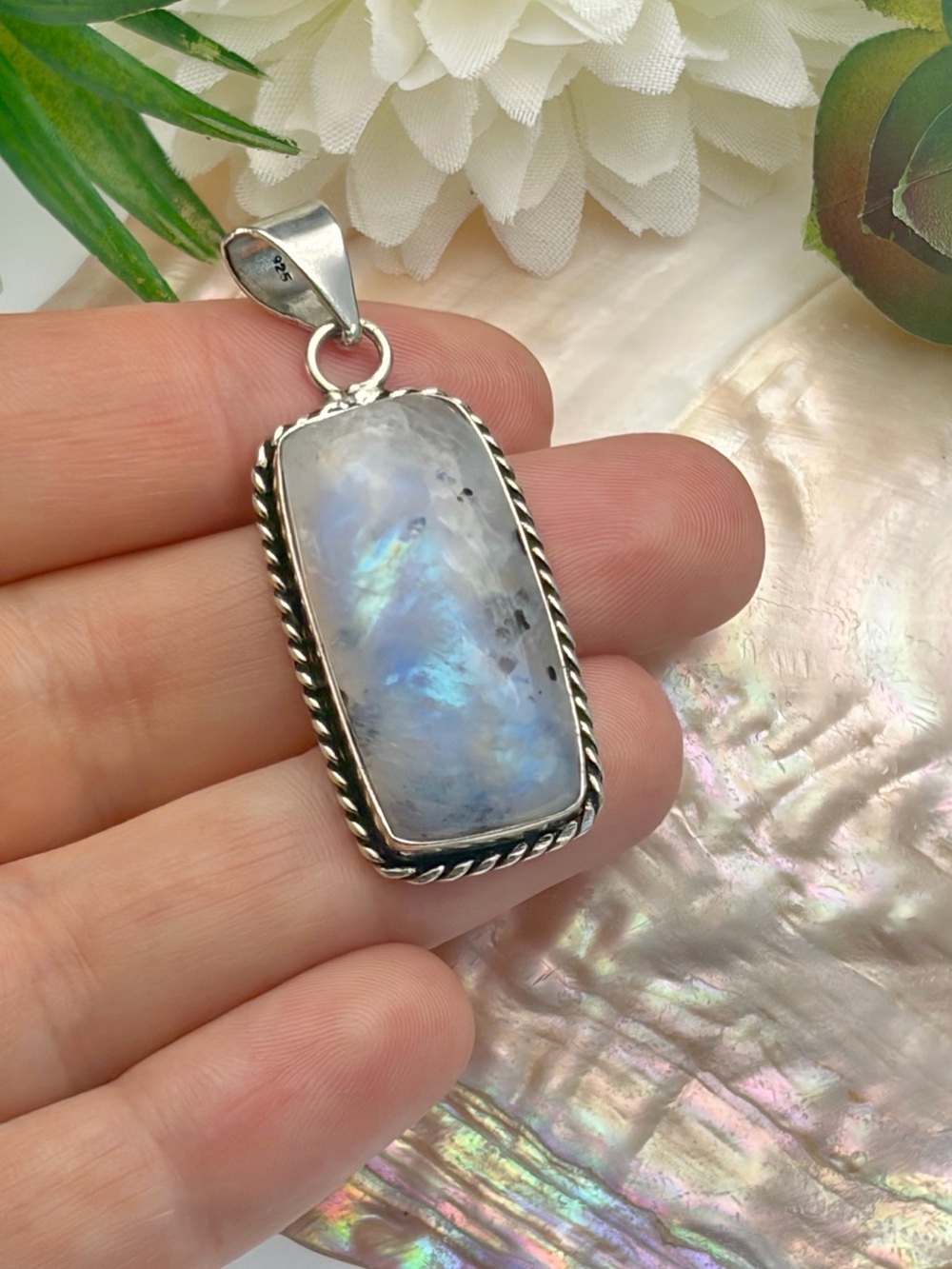 Rainbow Moonstone Gemstone Pendant Rectangular Sterling Silver 925 Overlay New